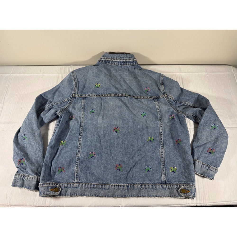 THE GREAT. Embroidered Floral Denim Jacket Light Wash Distressed Raw Hem Size 2 - Picture 1 of 6